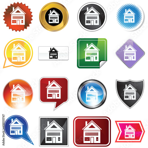A set of 16 icon buttons in different shapes and colors - home icon.