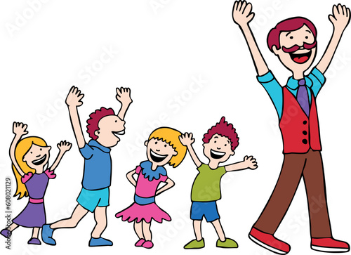 Children dance in a line following dad.