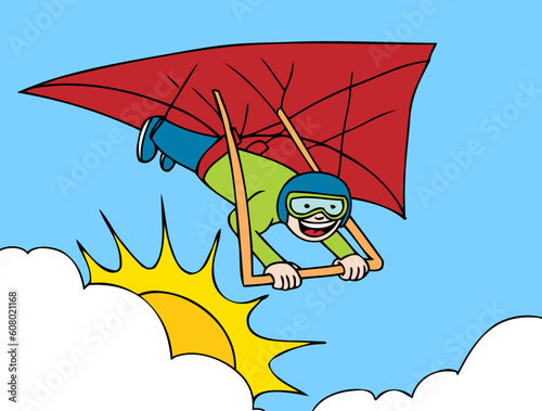 Cartoon image of person hang gliding.