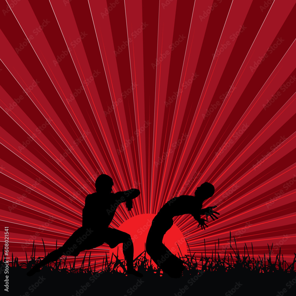 kung fu at sunset, vector illustration kung fu at sunset, vector illustration