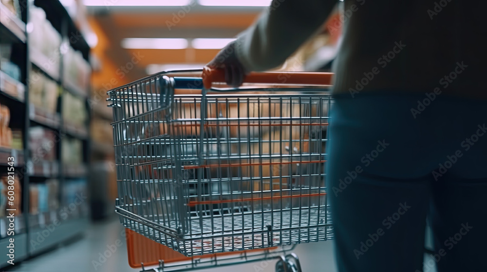 shopping in supermarket concept. a shopping cart in a grocery store. Generative AI