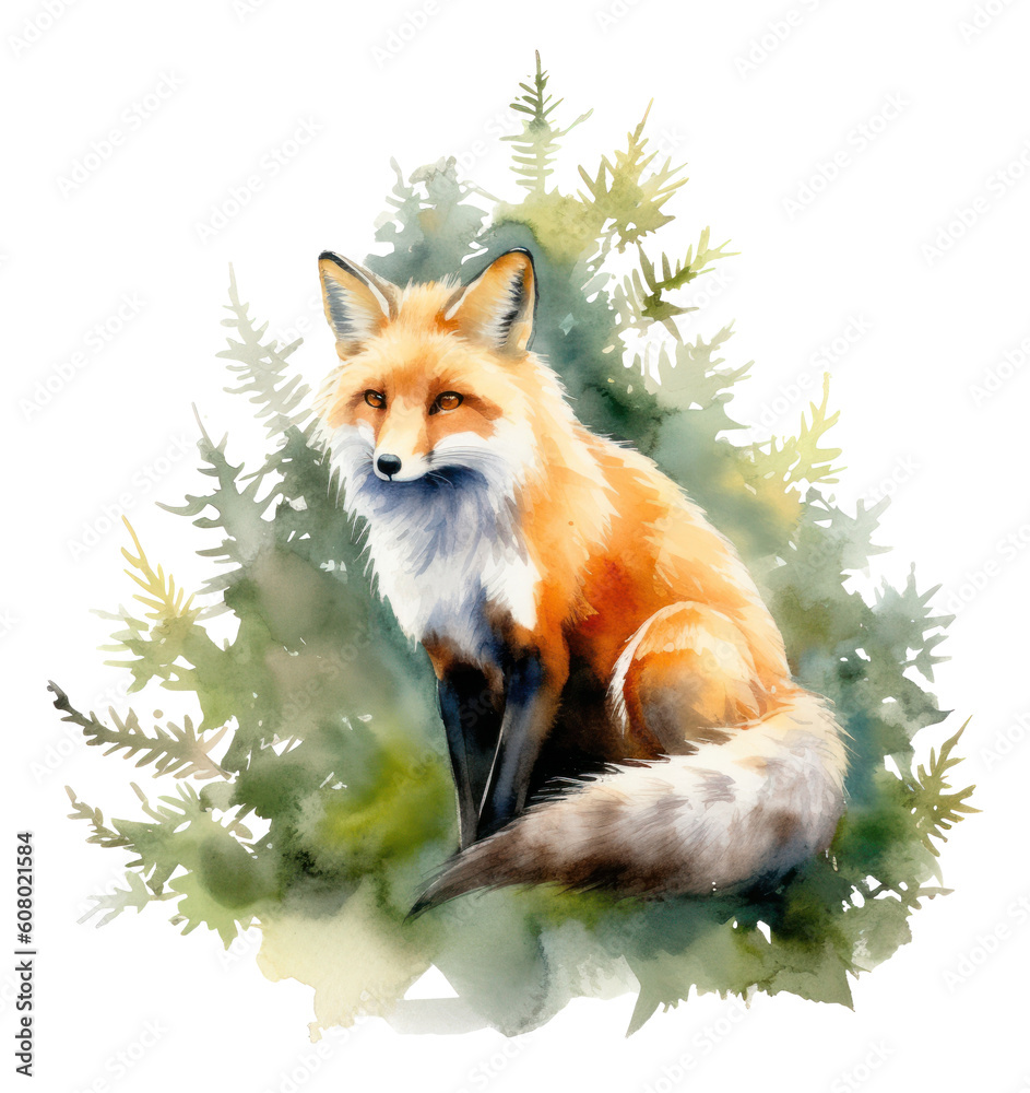 Fototapeta premium Vibrant watercolor of a fox sitting with pine trees in the background. illustration isolated Generative AI.