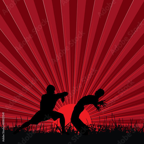 kung fu at sunset, vector illustration