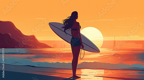 illustration of a young female surfer with her surfboard on the beach at sunset. surfer lifestyle concept. Generative AI