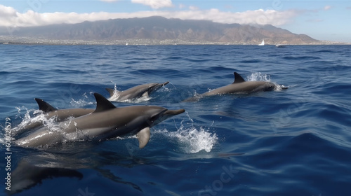 a group of dolphins swims through the blue sea and jumps out of the water. Generative AI