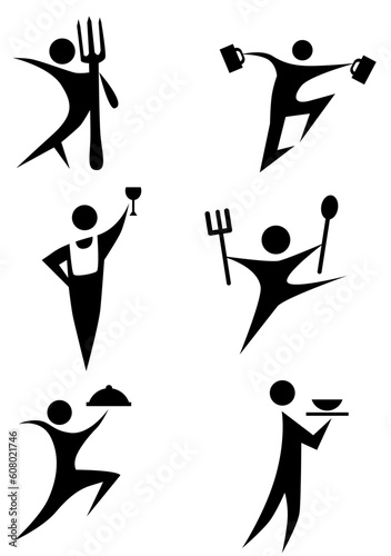 Eating stick figure icon set isolated on a white background.