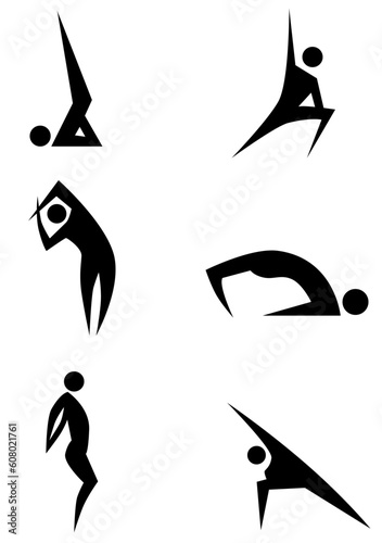 Yoga stick figure icon set isolated on a white background.