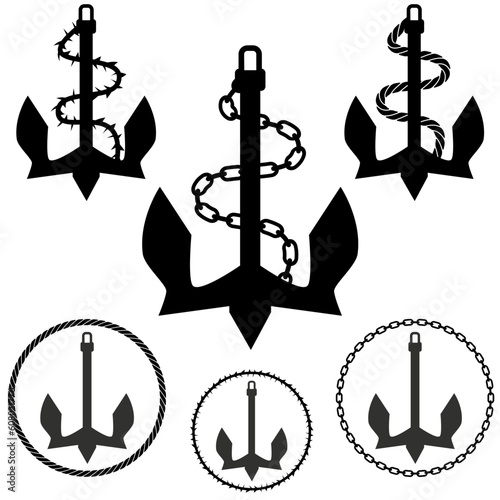 Set of anchors with rope, chains, and barbed wire.