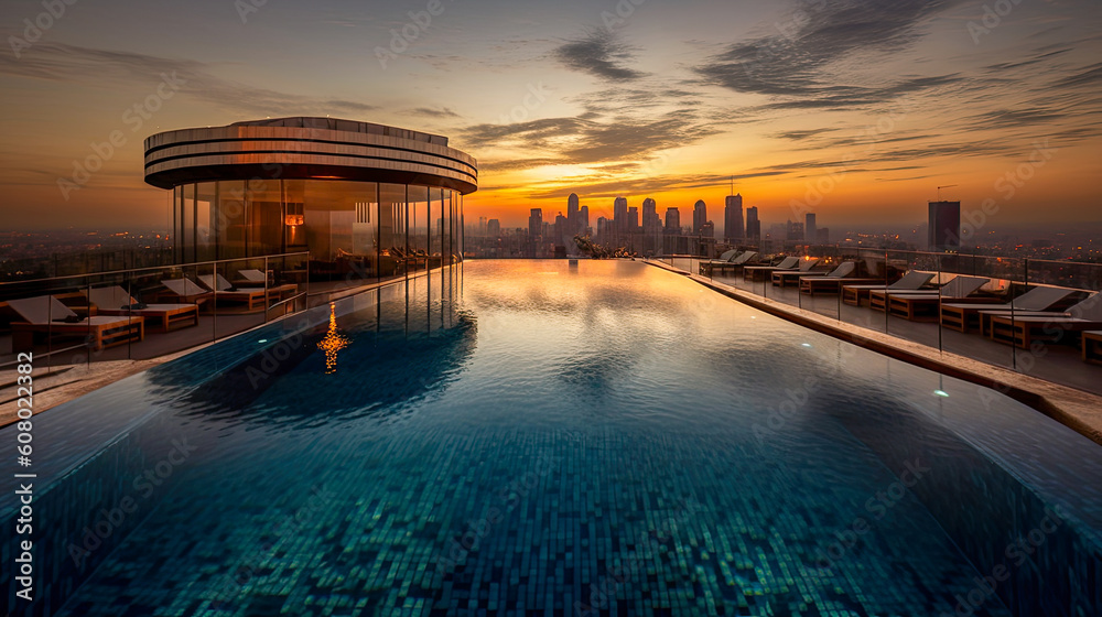 Beautiful luxury rooftop hotel pool with a city sunset view. A summer vacation to relax (generative AI)