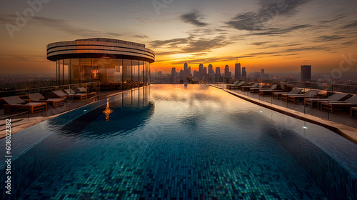 Beautiful luxury rooftop hotel pool with a city sunset view. A summer vacation to relax  generative AI 