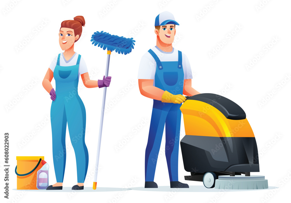 Set of cleaning workers man and woman characters. Professional cleaning staff cartoon characters Set of cleaning workers man and woman characters. Professional cleaning staff cartoon characters