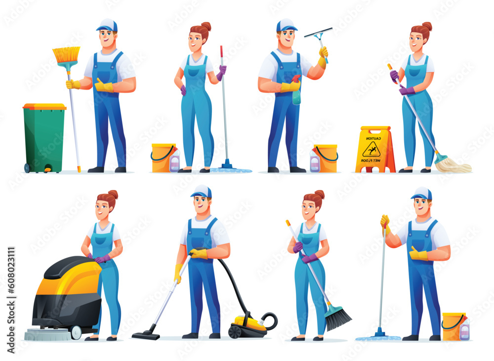 Set of cleaning workers with the equipment. Professional cleaning staff cartoon characters Set of cleaning workers with the equipment. Professional cleaning staff cartoon characters