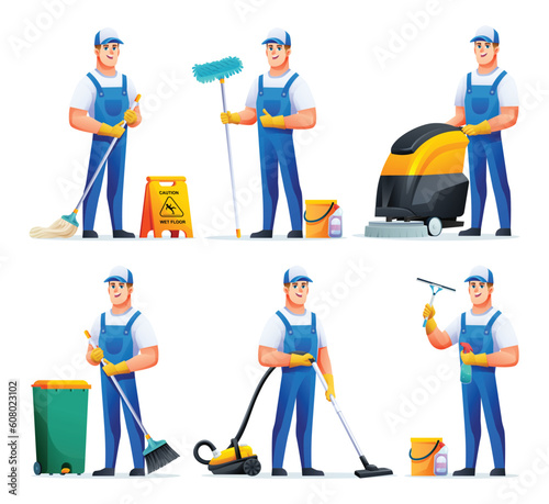 Set of cleaning service man with different equipment. Male housekeeper cartoon character