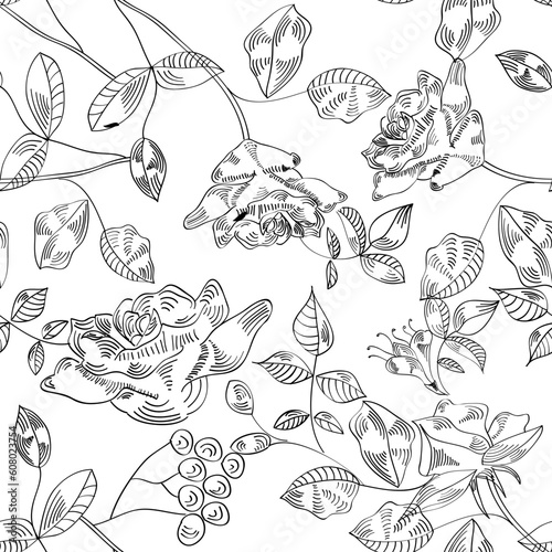 Black and white seamless pattern with rose