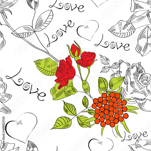 Seamless pattern with flowers and inscription