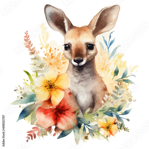 Cute kangaroo cartoon in watercolor style