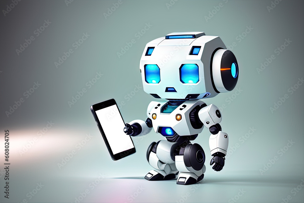 Realistic cute robot holding a smartphone in his hands. Phone with white space to fill. Mockup of a smartphone in the hands of a robot. AI generated illustration. Realistic cute robot holding a smartphone in his hands. Phone with white space to fill. Mockup of a smartphone in the hands of a robot. AI generated illustration.