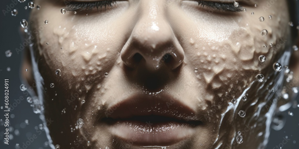 Splash on face. Splashes of water on the beautiful face of young woman, close up. Beauty and care advertising Splash on face. Splashes of water on the beautiful face of young woman, close up. Beauty and care advertising