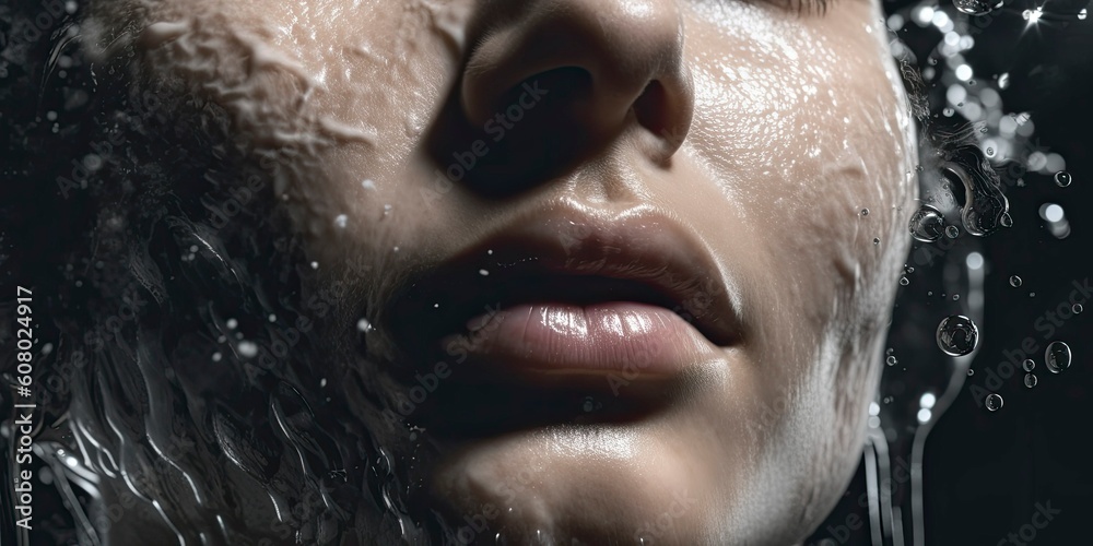 Splash on face. Splashes of water on the beautiful face of young woman, close up. Beauty and care advertising