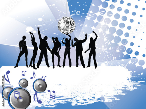 vector illustration of young people silhouettes on an abstract disco background with silver mirrow ball