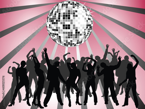 vector illustration of young people silhouettes on an abstract disco background with silver mirrow ball