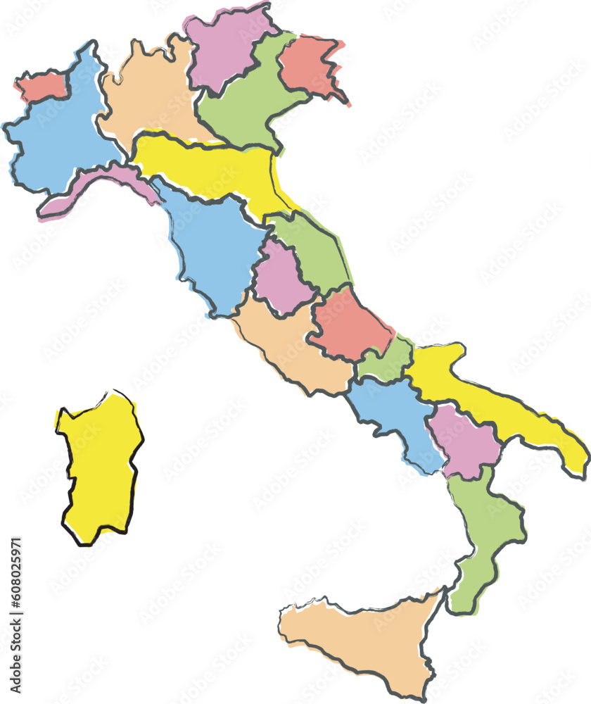 Full-color map of Italy, region borders traced with artbrush style