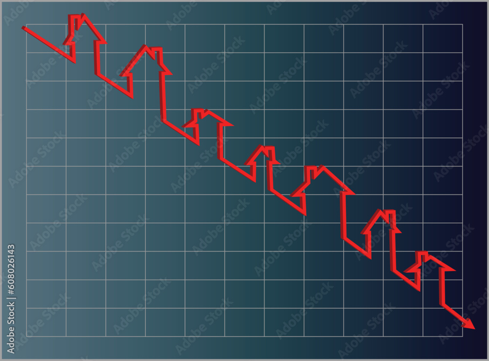 Vector eps8. Blue housing graph with a downward projection using a red line of little houses. Vector eps8. Blue housing graph with a downward projection using a red line of little houses.