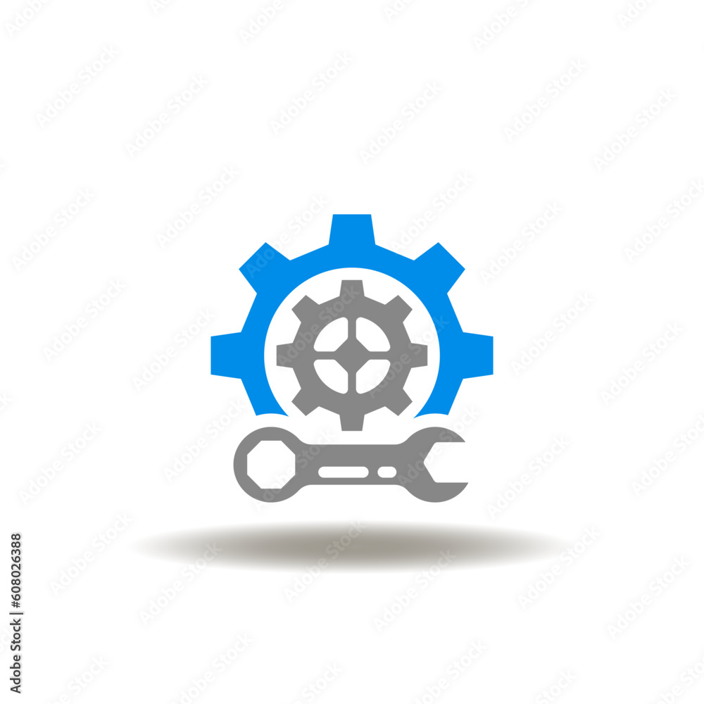 Vector illustration of gear wheels mechanism with wrench. Icon of preventive maintenance and repair servcie. Symbol of adjustment and settings. Vector illustration of gear wheels mechanism with wrench. Icon of preventive maintenance and repair servcie. Symbol of adjustment and settings.
