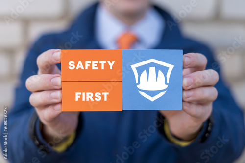 Safety first, work safety, caution work hazards, danger surveillance, zero accident concept. Employees safety awareness at workplace. Safety banner for business, industry.