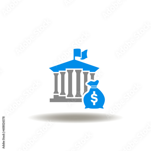 Vector illustration of bank or court or government building with money bag. Icon of grant funding. Symbol of investment administration department. Sign of law and money.