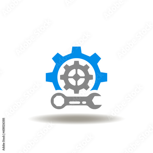 Vector illustration of gear wheels mechanism with wrench. Icon of preventive maintenance and repair servcie. Symbol of adjustment and settings.
