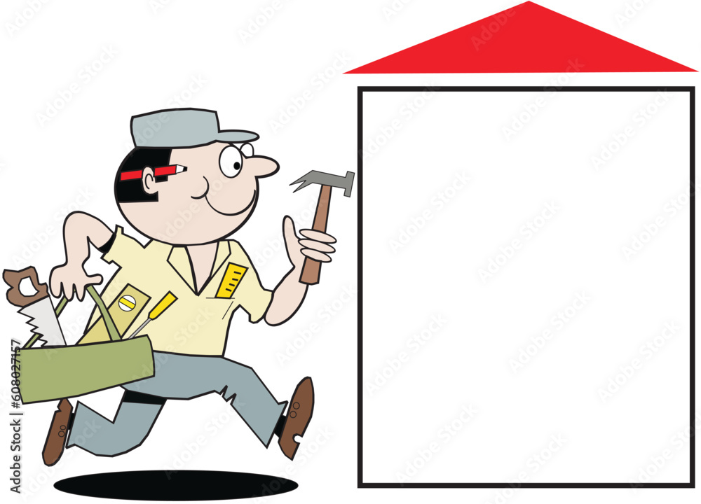 Vector cartoon of enthusiastic carpenter running with tools and blank display square. Vector cartoon of enthusiastic carpenter running with tools and blank display square.