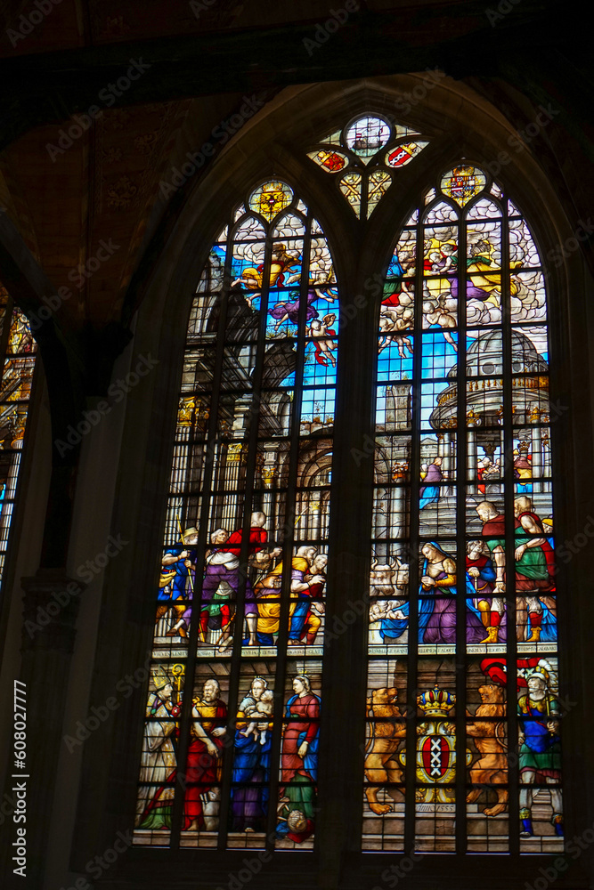 Stained window inside the Basiliek van de Heilige Nicolaas in Amsterdam