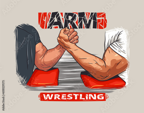 2 men fighting arm wrestling. Hand drawn vector illustration