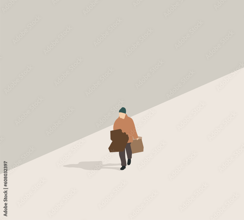Man in brown coat with heavy box and shopping bag walking on the streets. People lifestyle. Man in brown coat with heavy box and shopping bag walking on the streets. People lifestyle.