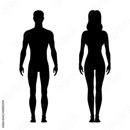 Solid black and outline man and woman silhouettes - isolated vector illustration