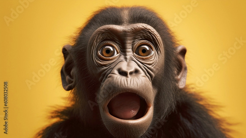 Generative Ai image of a baby chimpanzee with a happy face © annette shaff