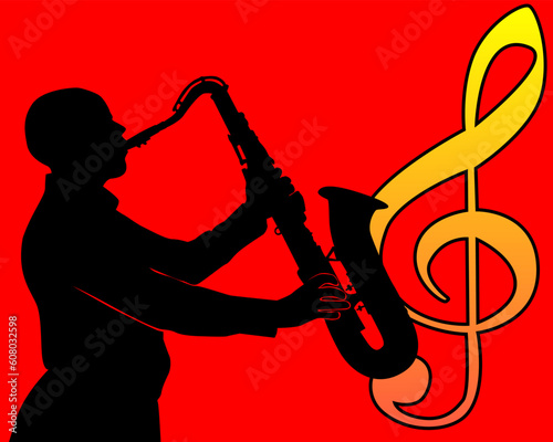 black silhouette of a saxophone player on a red background