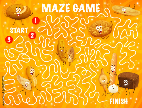 Labyrinth maze, cartoon pastry, bakery and bread characters. Vector worksheet of kids game or find way puzzle with personages of baguette, tortilla, shoti, chapati and tiger bread, injera and broa