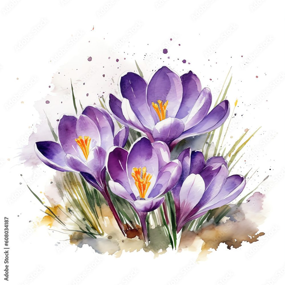 Fototapeta premium Beautiful Watercolor Crocuses Flowers. Creative Artistic Illustration