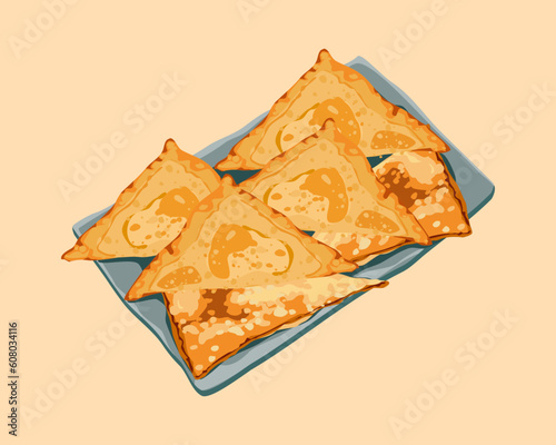 Fried wontons, deep fried golden brown triangle wonton, popular Chinese recipe. A plate of Crispy wonton. Asian food vector illustration,hand drawing fried dumpling menu, 