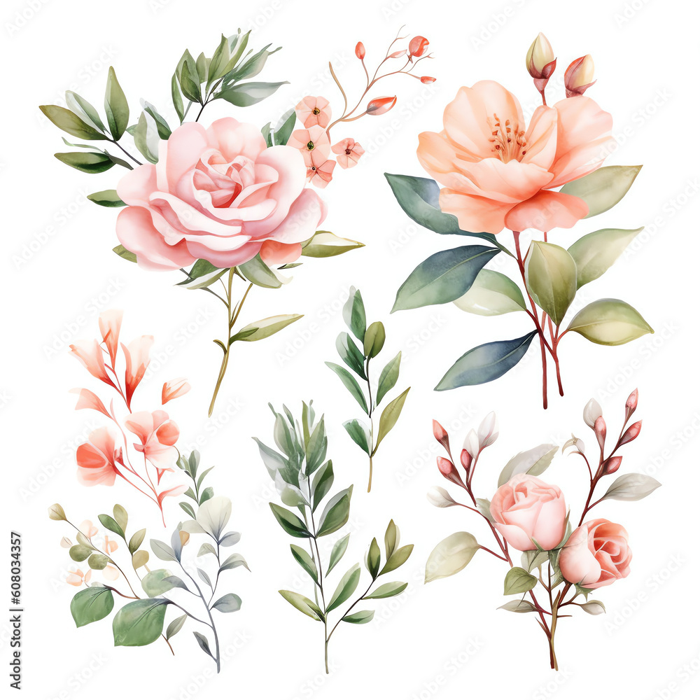 Floral Abstraction Delicate Roses and Leaves in Vibrant Botanical Illustration