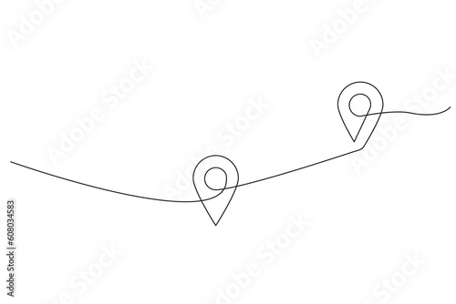 Continuous one line drawing of path and Location pointers. two points in thin Linear style. Gps navigation and Travel concept. Vector illustration.