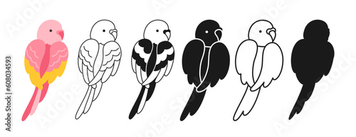 Parrot tropical cartoon set. Exotic bright budgerigar parrots sitting silhouette, outline sign or engraved childish summer collection. Wildlife jungle Hawaiian cute pink bird, funny character vector