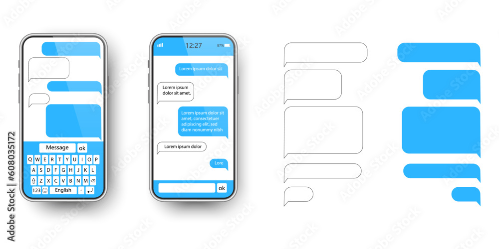SMS messages, chat on the phone. Text cloud for the messenger. Correspondence speech bubbles. Vector illustration. SMS messages, chat on the phone. Text cloud for the messenger. Correspondence speech bubbles. Vector illustration.