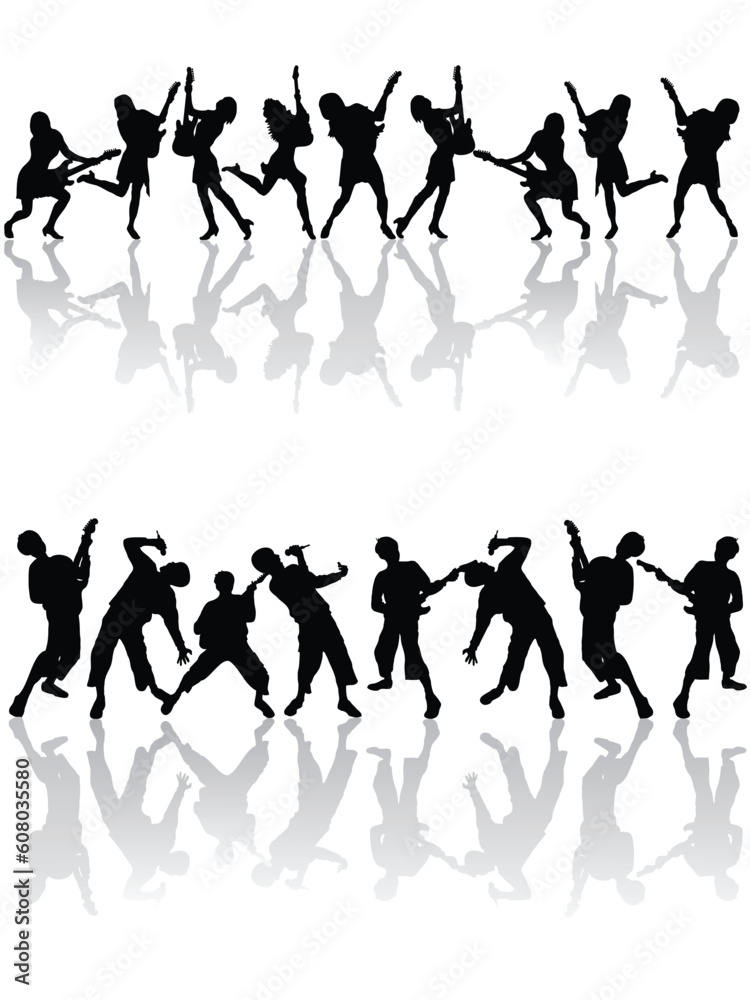 vector eps10 illustration of teenager silhouettes singing and playing the e-guitar