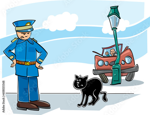 illustration of black cat which caused car accident and angry policeman
