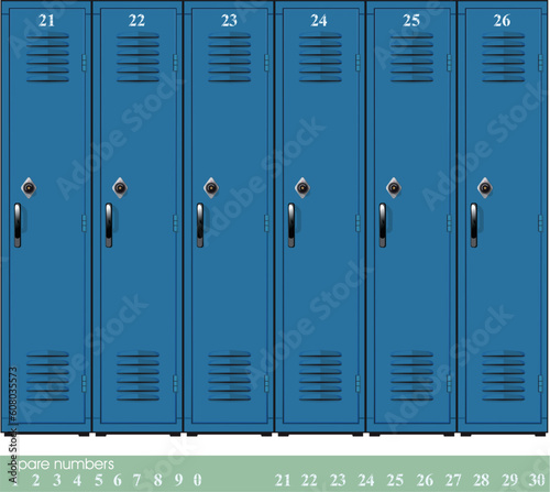 Empty blue school lockers with Combination Locks and spare nambers