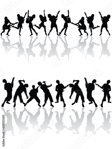 vector eps10 illustration of teenager silhouettes singing and playing the e-guitar
