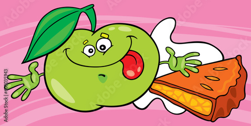 Illustration of funny apple with pie and milk
